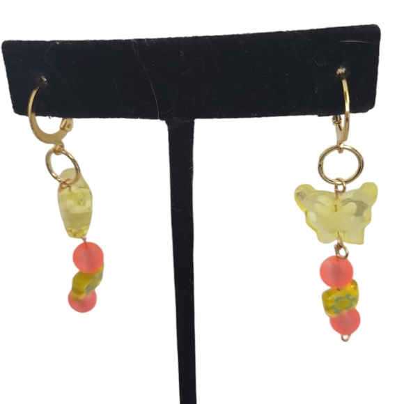 Millefiori Kawaii Butterfly Neon Orange Frosted Glass Bead Huggie Hoop Earring - Picture 3 of 3